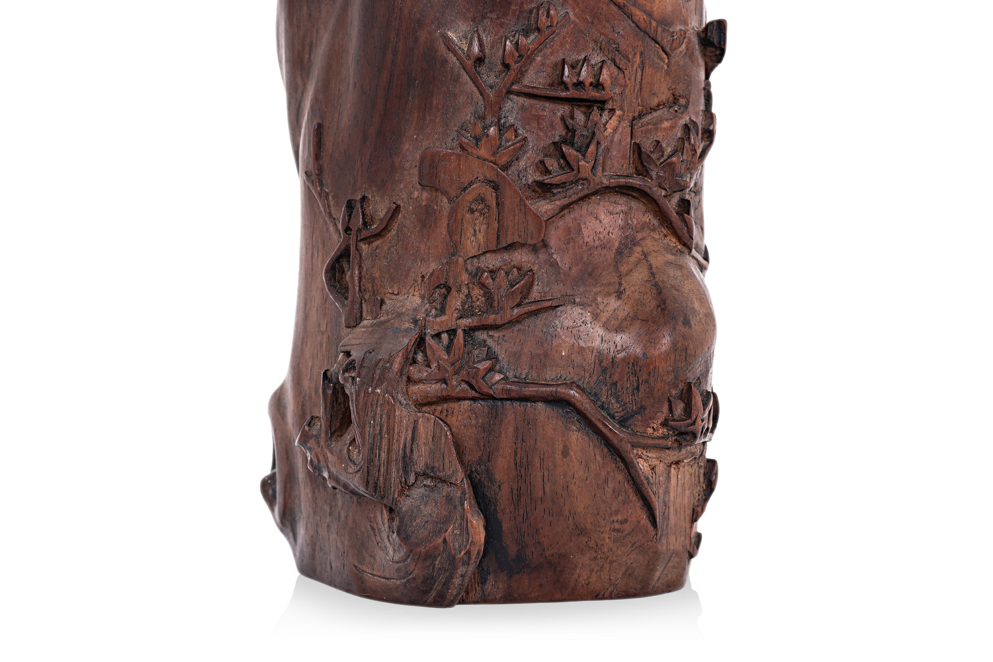 A CARVED HARDWOOD BRUSH POT