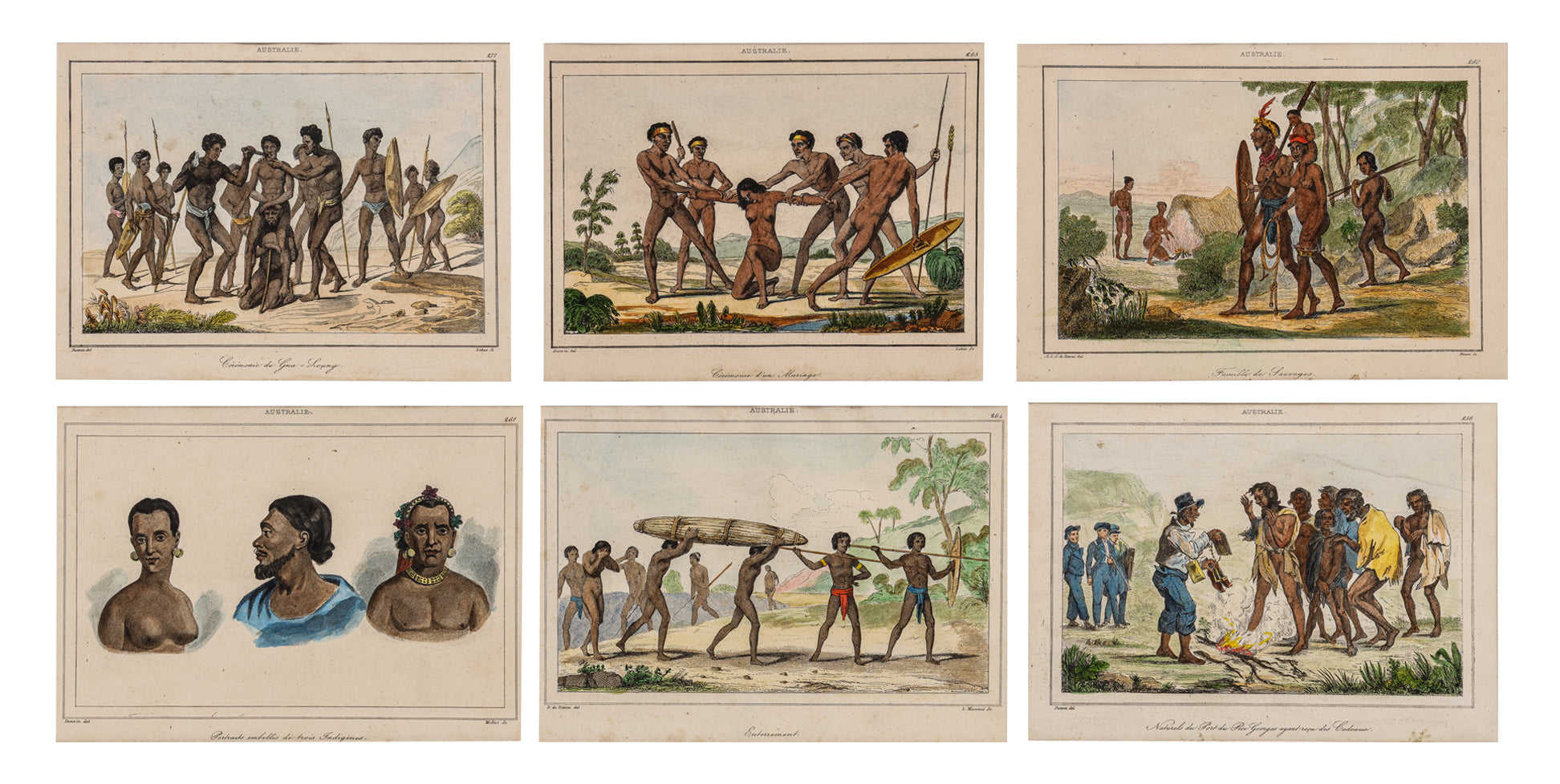 SIX HAND-COLOURED ETHNOGRAPHIC ENGRAVINGS OF INDIGENOUS AUSTRALIANS, M. G. L. DOMENY DE RIENZY, 1836