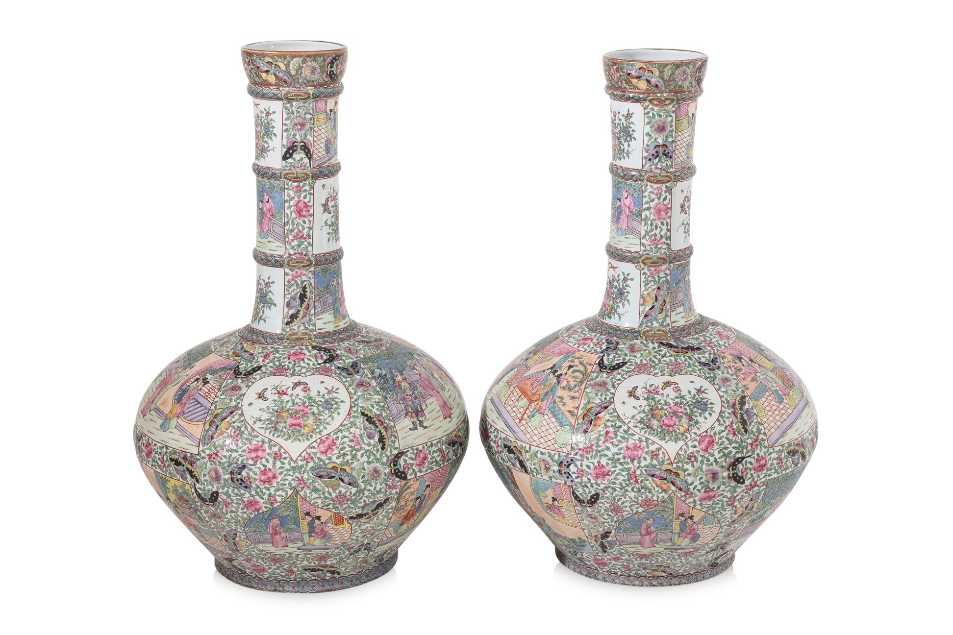 A VERY LARGE PAIR OF FAMILLE ROSE MANDARIN PORCELAIN VASES