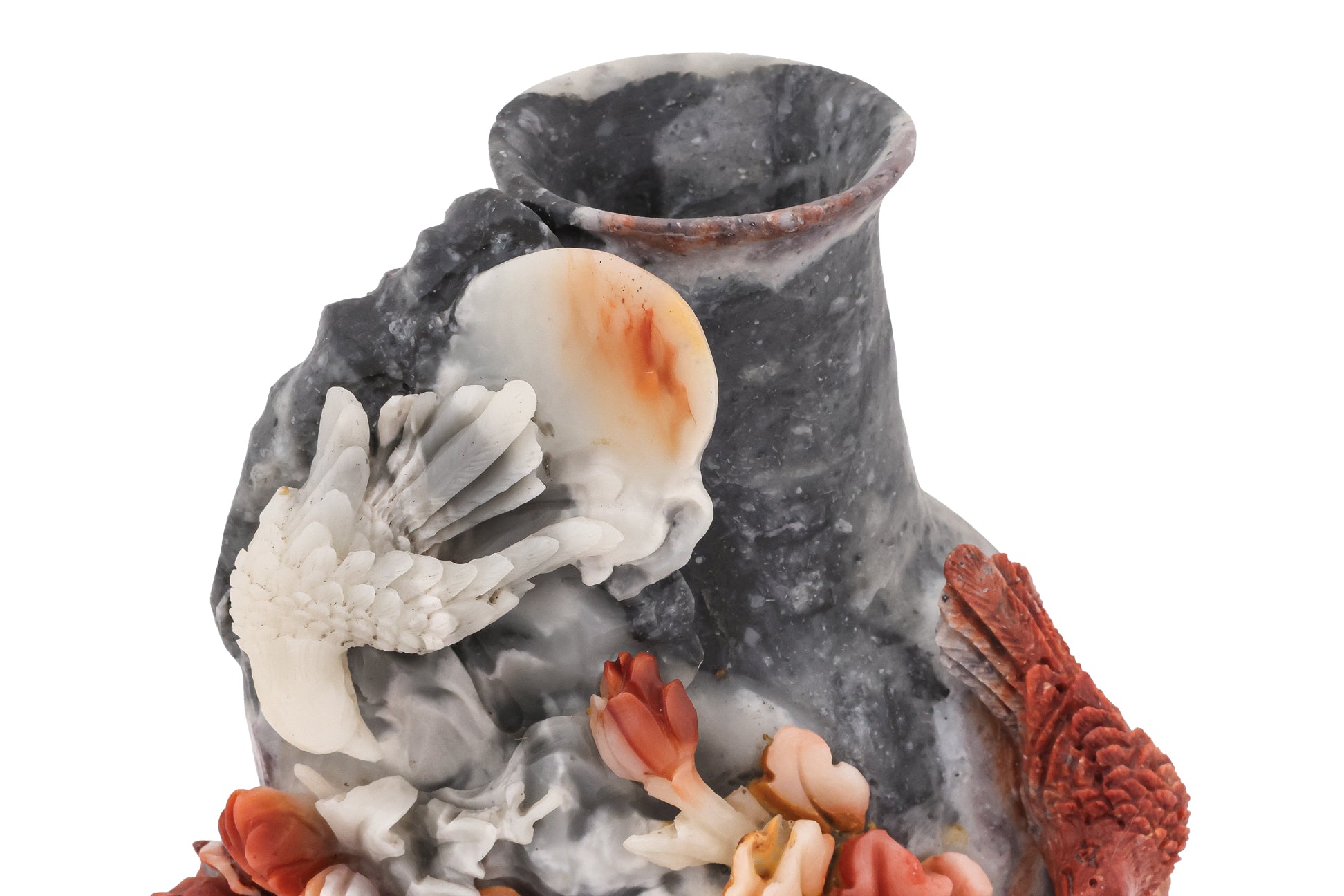 A SHOUSHAN STONE VASE WITH BIRDS AND PEONIES
