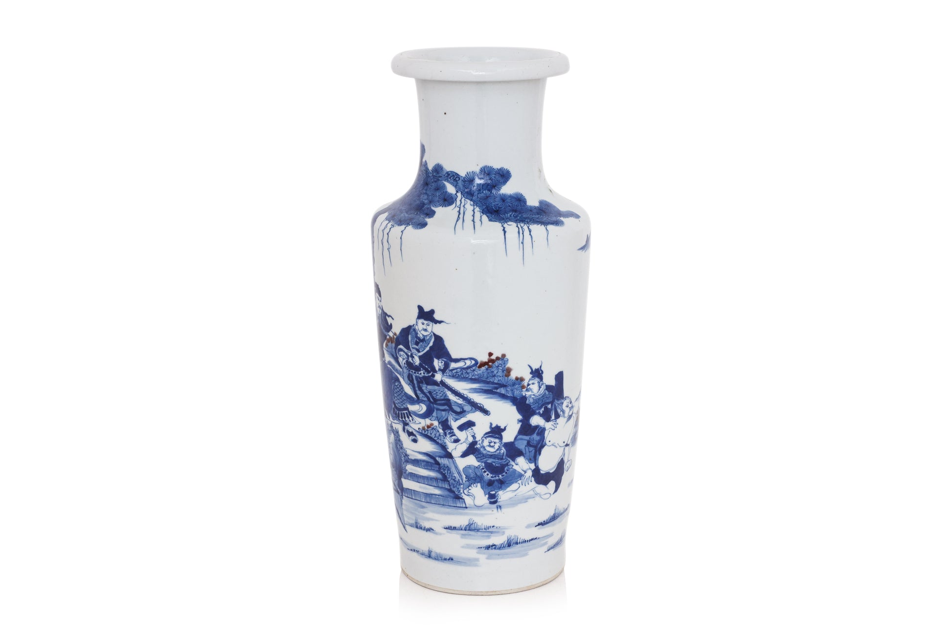 A LARGE 'THREE KINGDOMS' SUBJECT BLUE AND WHITE PORCELAIN ROULEAU VASE