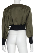 3.1 PHILLIP LIM - A 'MOSS' GREEN CROPPED BOMBER JACKET WITH FAUX PEARLS