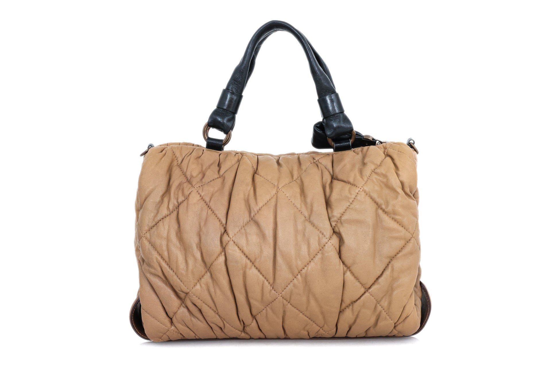 MONCLER - A BEIGE QUILTED LEATHER PUFFER HANDBAG