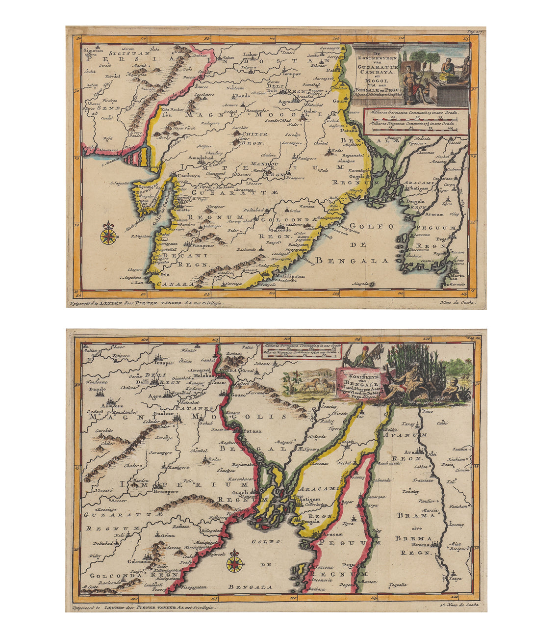 TWO HAND-COLOURED COPPER ENGRAVED MAPS, PETER VAN DER AA, 1707