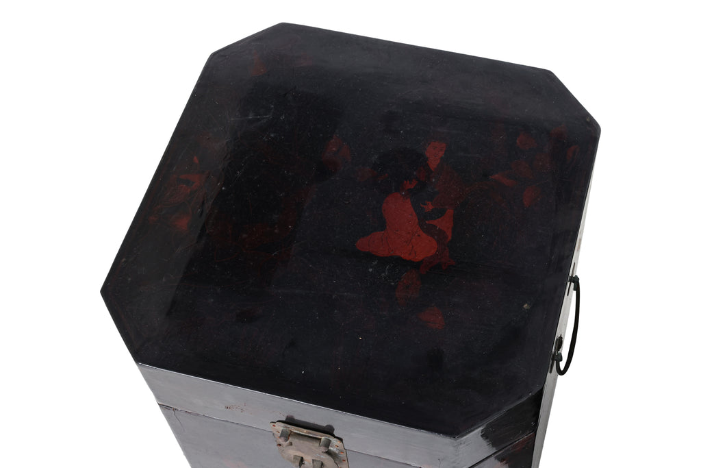 A PAIR OF BLACK LACQUERED OCTAGONAL WOODEN CHESTS