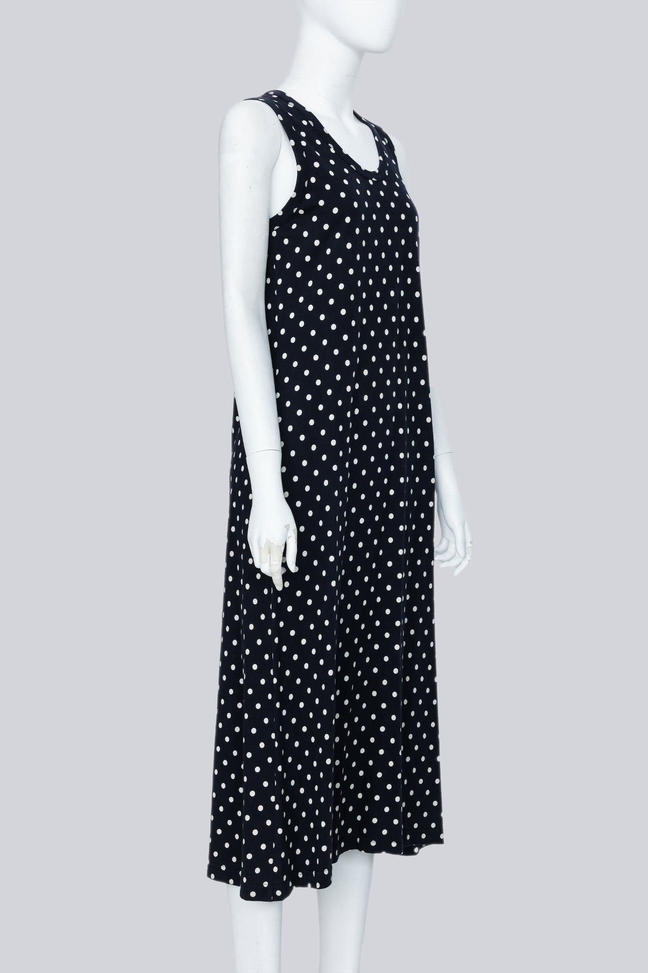 COMME DES GARCONS - A NAVY SHIFT DRESS WITH WHITE POLKA DOTS