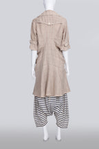 JUNYA WATANABE COMME DES GARCONS - A TAN TRENCHOAT AND STRIPED DROP CROTCH SHORTS ENSEMBLE
