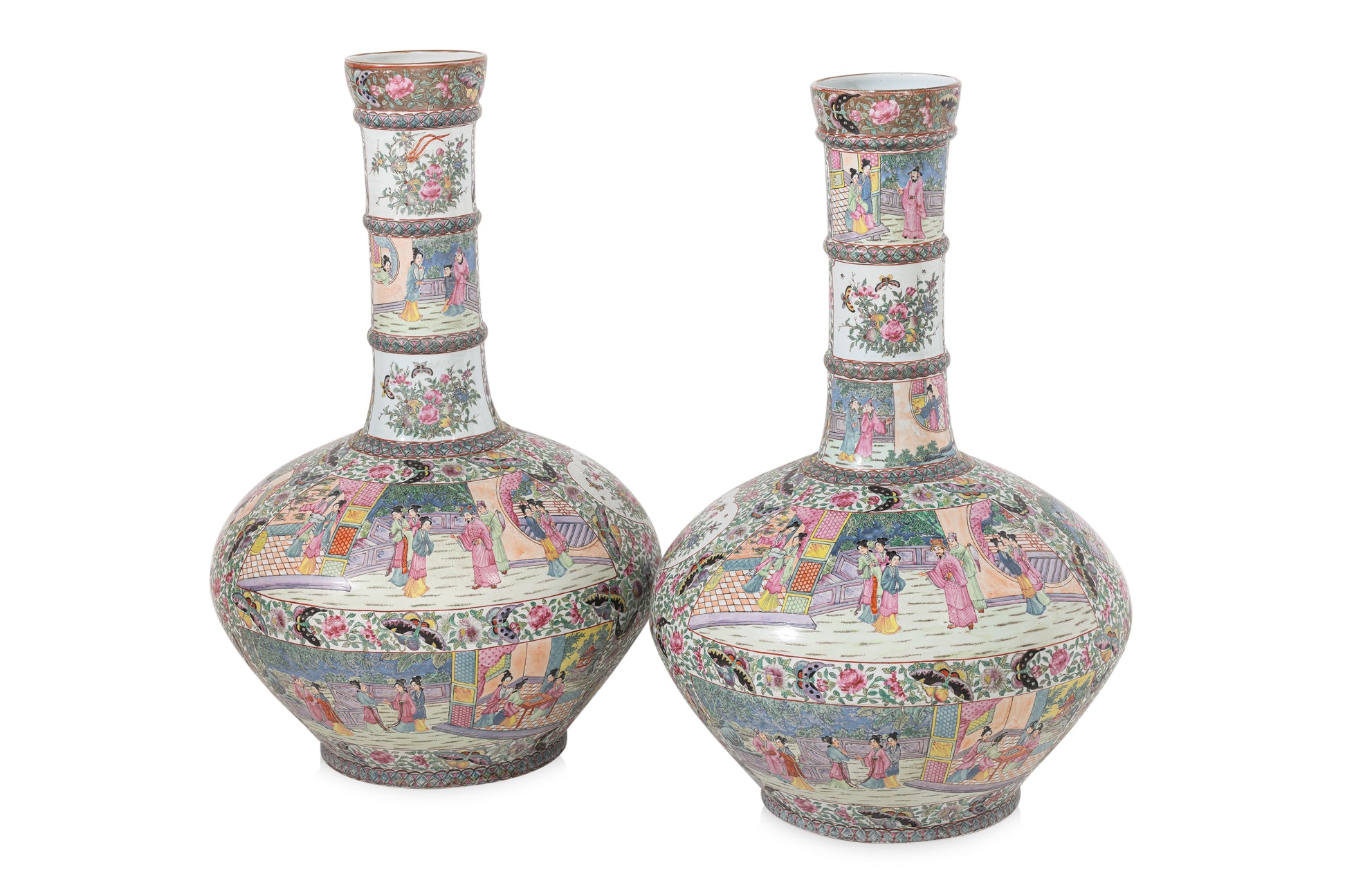 A VERY LARGE PAIR OF FAMILLE ROSE MANDARIN PORCELAIN VASES