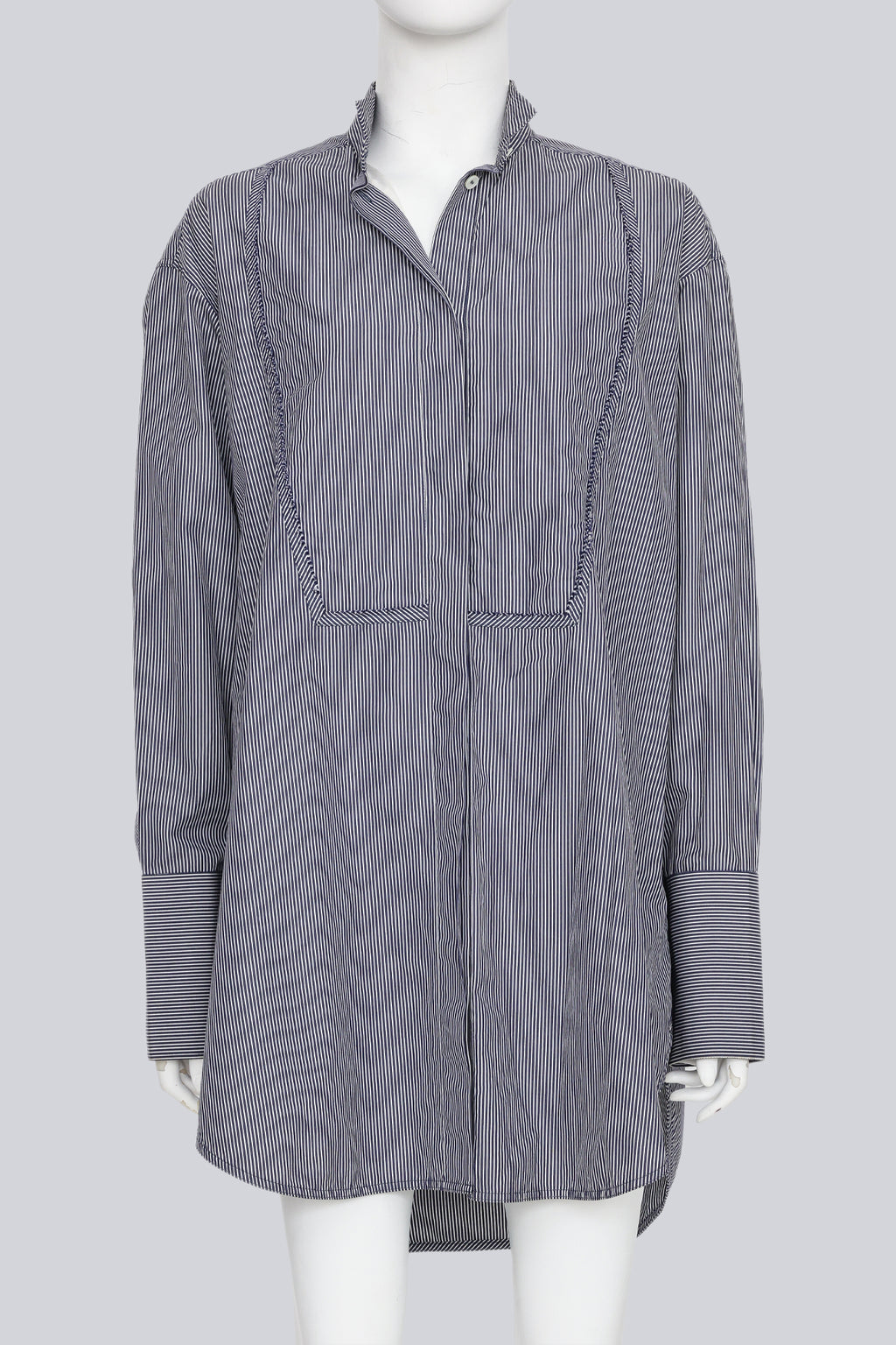 CELINE - A LONG SLEEVE STRIPED BUTTON UP DRESS WITH BIB DETAIL