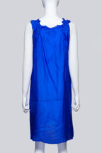 AKIRA – A COBALT BLUE SILK DRESS WITH RUFFLED NECKLINE