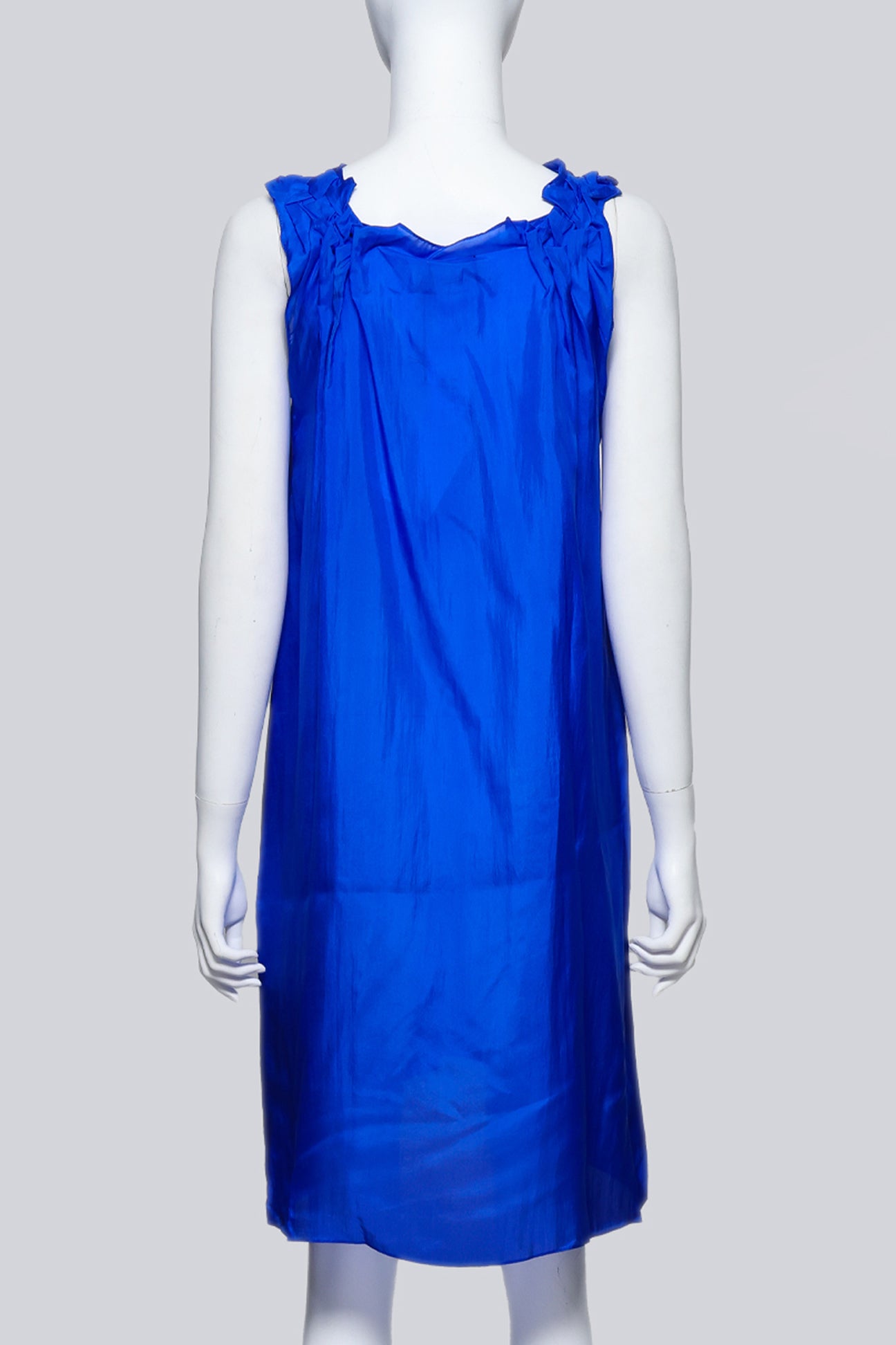 AKIRA – A COBALT BLUE SILK DRESS WITH RUFFLED NECKLINE