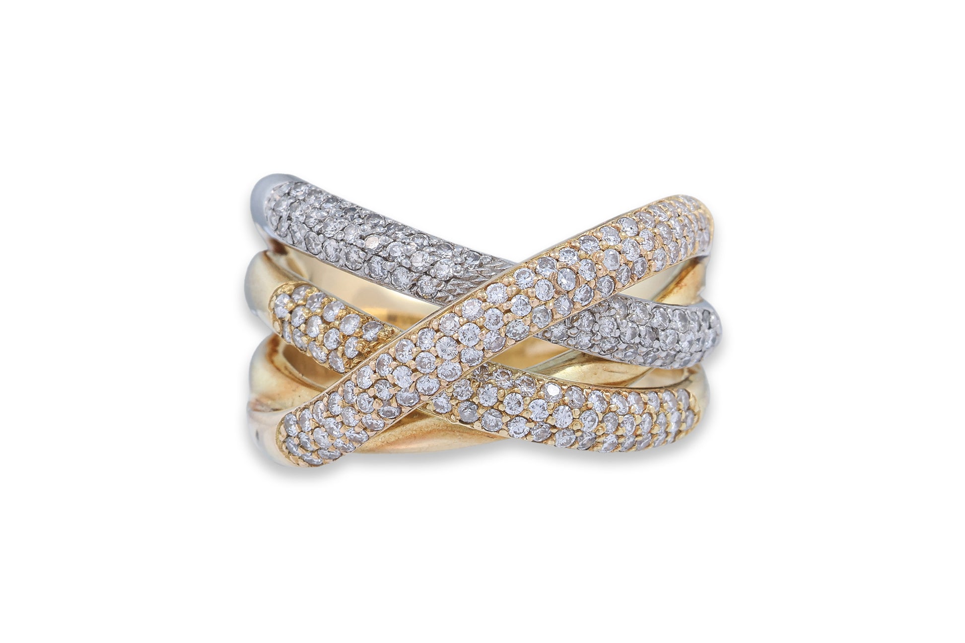 A TRI-COLOUR DIAMOND PAVE RING