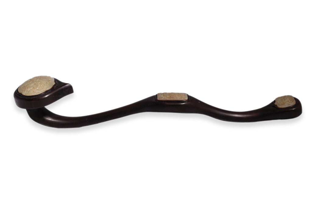 A HARDWOOD AND JADE INSET RUYI SCEPTRE