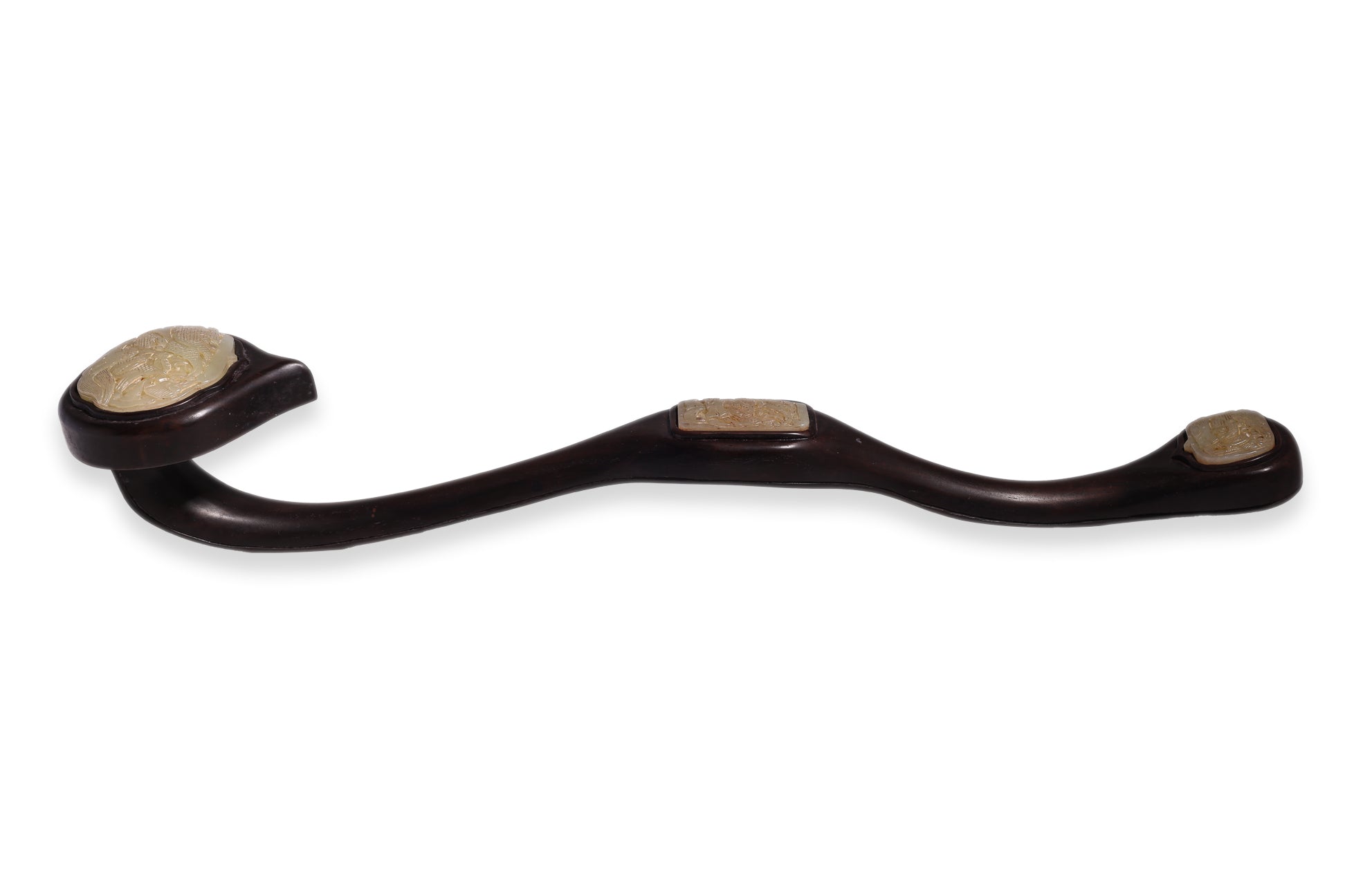 A HARDWOOD AND JADE INSET RUYI SCEPTRE