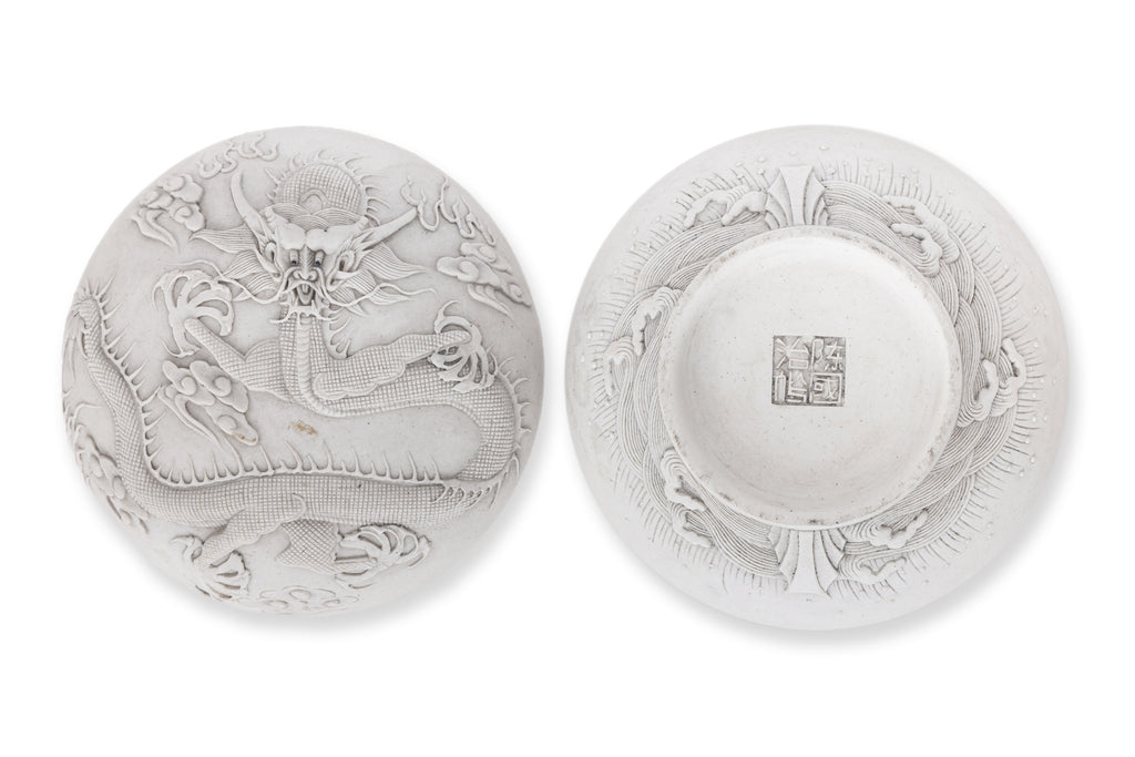 A CARVED BISCUIT PORCELAIN BOWL AND CIRCULAR BOX