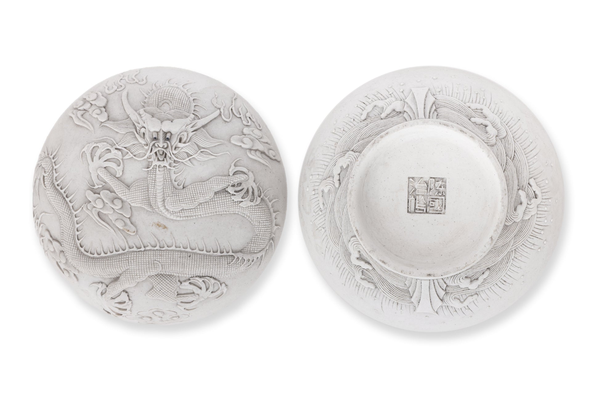 A CARVED BISCUIT PORCELAIN BOWL AND CIRCULAR BOX