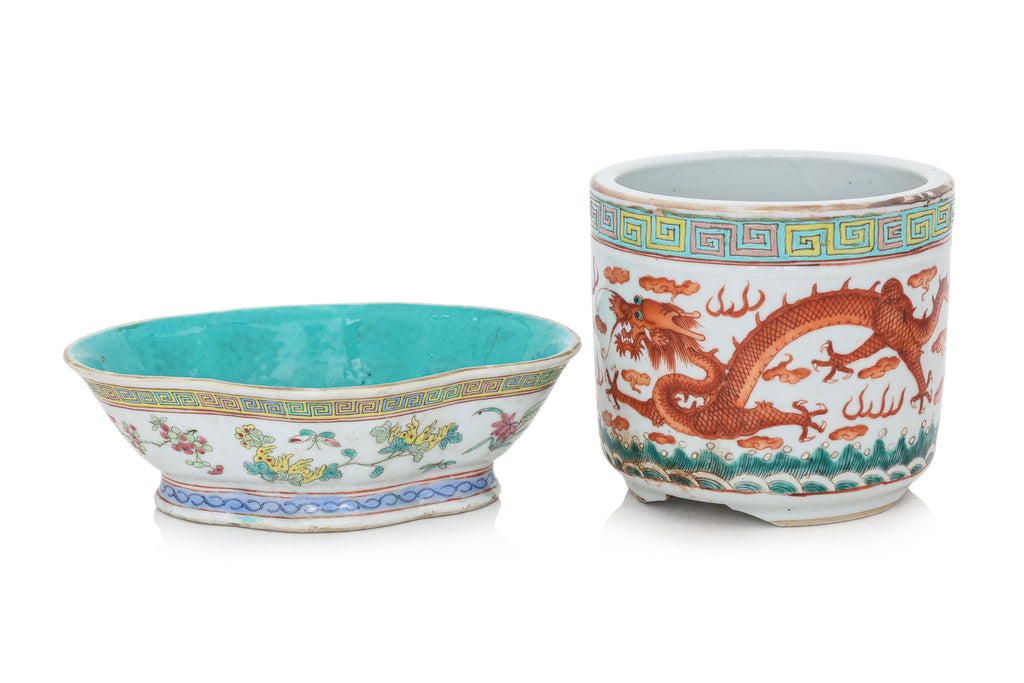 A FAMILLE ROSE 'DRAGON' JOSS STICK HOLDER AND A 'SAN DUO' FOOTED DISH