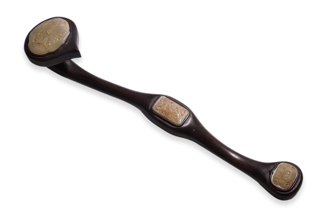 A HARDWOOD AND JADE INSET RUYI SCEPTRE
