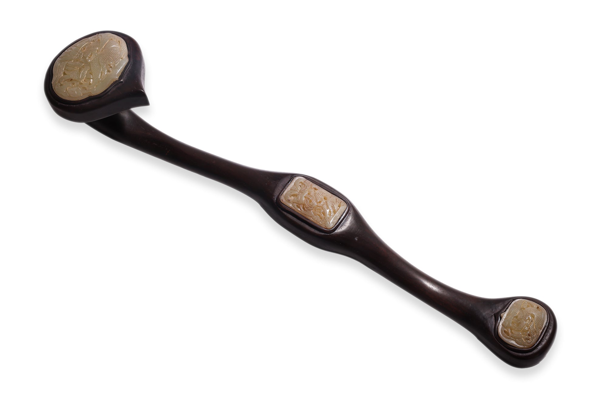 A HARDWOOD AND JADE INSET RUYI SCEPTRE