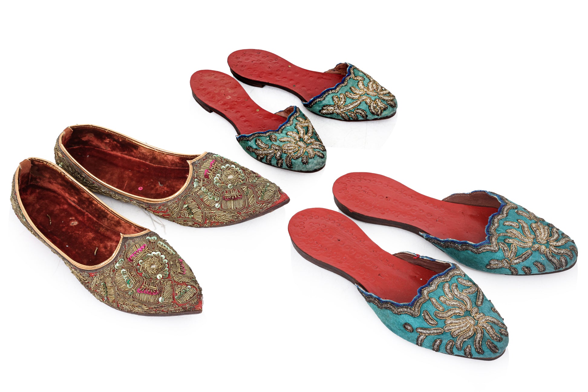 THREE PAIRS OF GOLDWORK EMBROIDERED SLIPPERS