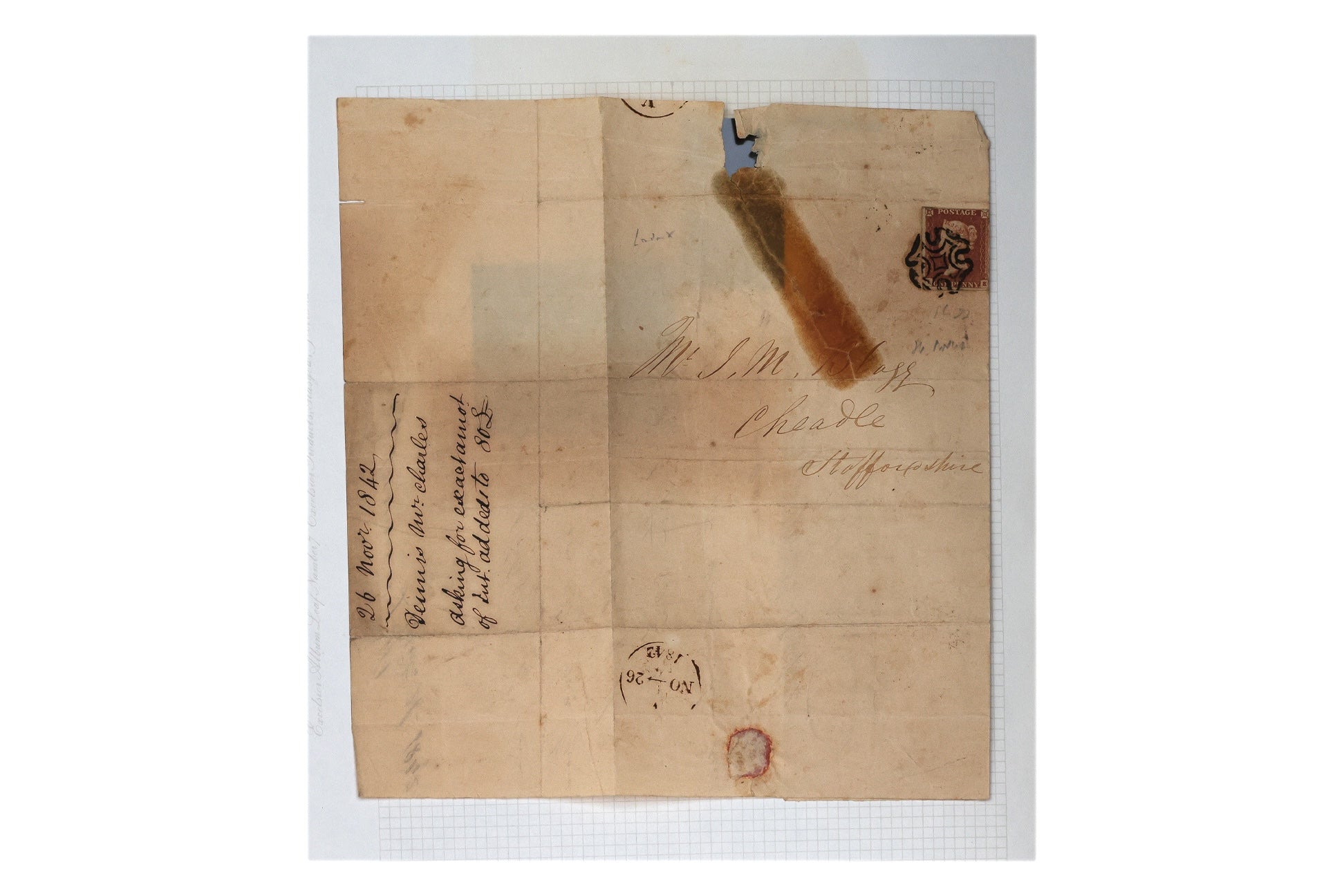 UK, COVER, 1d RED, 1842, STAFFORDSHIRE