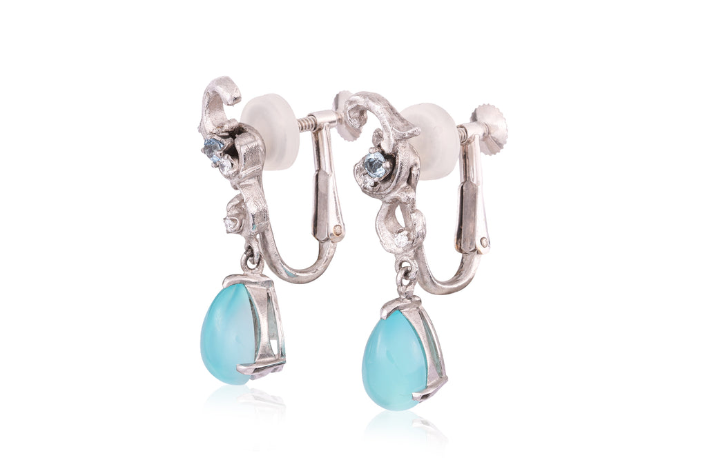 A PAIR OF CHALCEDONY, TOPAZ AND DIAMOND SCREW-ON EARRINGS