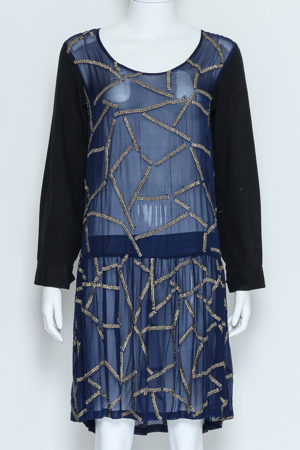 DRIES VAN NOTEN - A NAVY AND BLACK SILVER-BEAD EMBROIDERED DRESS