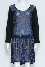 DRIES VAN NOTEN - A NAVY AND BLACK SILVER-BEAD EMBROIDERED DRESS