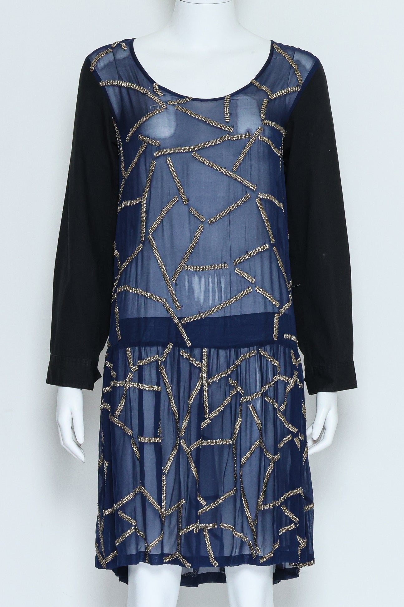 DRIES VAN NOTEN - A NAVY AND BLACK SILVER-BEAD EMBROIDERED DRESS