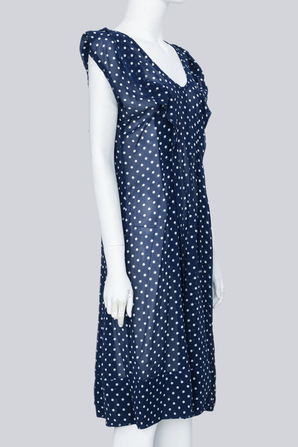 COMME DES GARÇONS - A SHEER NAVY BLUE POLKA DOT RUFFLED DRESS